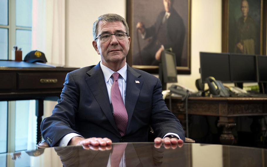 Former Defense Secretary Ash Carter is interviewed in his Pentagon office pn Jan. 18, 2017. President Joe Biden and other past and present U.S. officials paid tribute to Ash Carter, the late defense secretary who opened the way for women to fight in combat and transgender personnel to serve, at a memorial service Thursday., Jan. 12, 2023. Carter, 68, died in October of a heart attack.