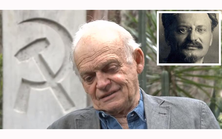 Video screen grabs show Esteban Volkov and his grandfather Russian revolutionary Leon Trotsky (upper right insert), in an Aug. 2012 interview. Volkov died June 16, 2023, in Mexico. He was 97.
