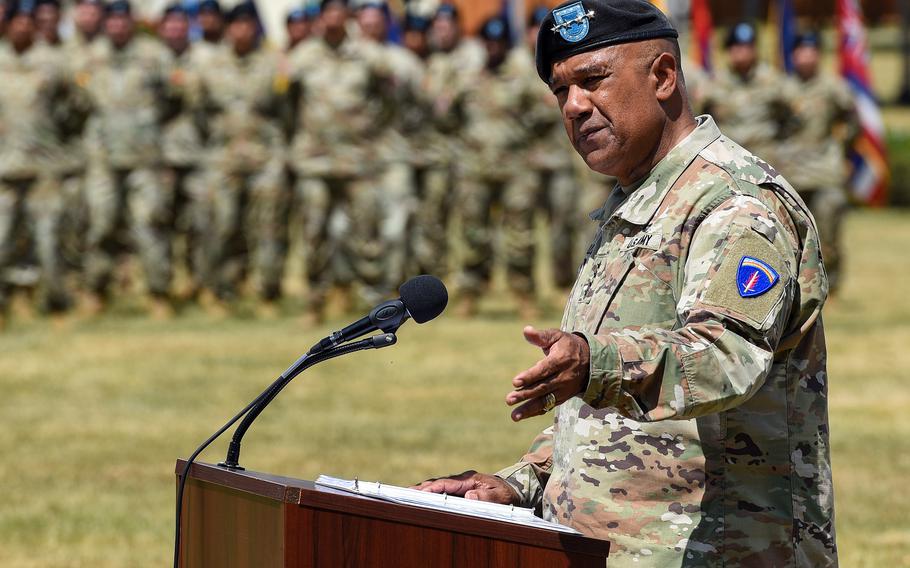 U.S. Army Europe and Africa commander Gen. Darryl A. Williams speaks during a ceremony at Grafenwoehr, Germany, June 20, 2023. Williams said at the end of a meeting of European ground force commanders June 23 in Garmisch-Partenkirchen that the coming weeks will be pivotal in developing a new NATO defense strategy.