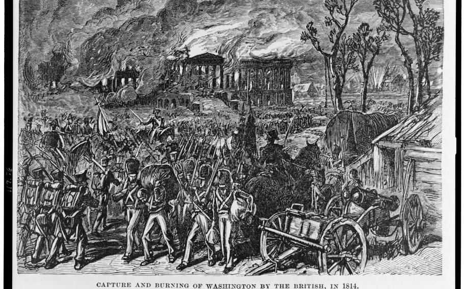 TThe capture and burning of Washington on Aug. 24, 1814, during the War of 1812. This is a wood engraving published in 1876. The depiction is not accurate because the Capitol had no center building in 1814.