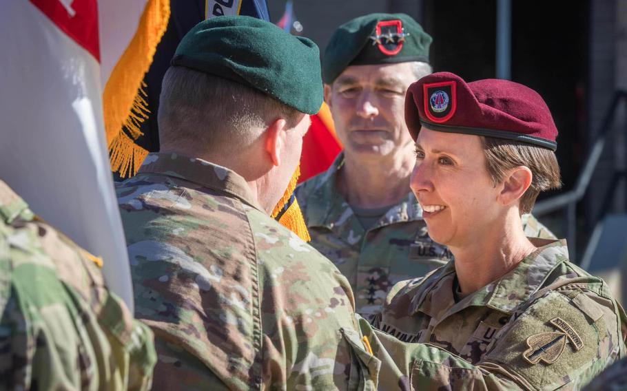 Command Sgt. Maj. JoAnn Naumann assumes responsibility for her new role as senior enlisted leader of U.S. Army Special Operations Command during a ceremony at Fort Bragg, N.C., on May 1, 2023. 