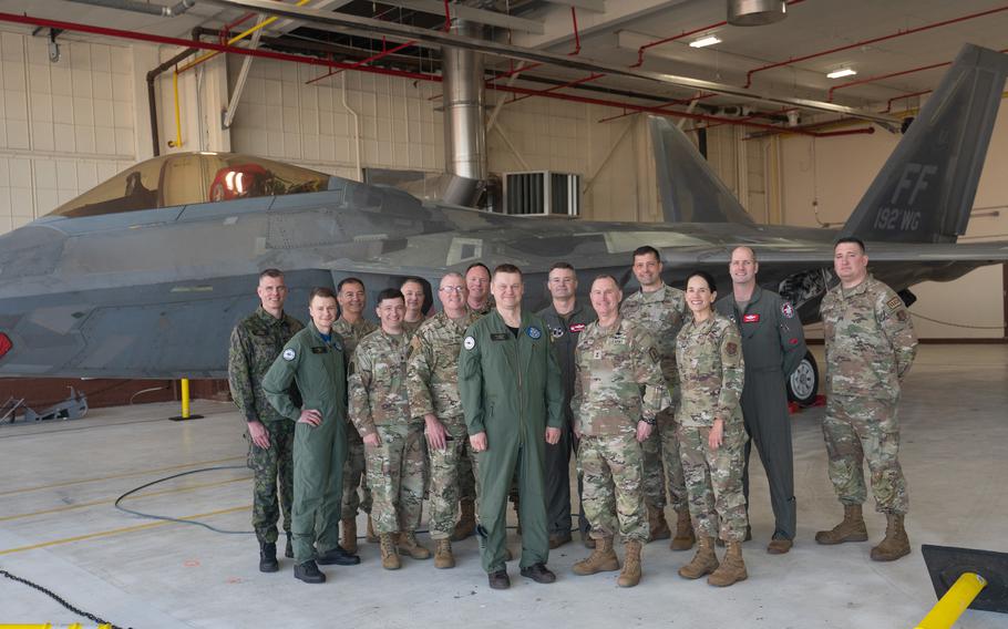 Maj. Gen. Juha-Pekka Keränen, Finnish air force commander, meets with Virginia National Guard leaders April 8, 2024, during a visit at Joint Base Langley-Eustis, Va. Maj. Gen. James W. Ring, the adjutant general of Virginia and Brig. Gen. Catherine M. Jumper, commander of the Virginia Air National Guard, stand next to Keränen at right. Finland is now partnered with the Virgina National Guard in the U.S. National Guard’s state partnership program.