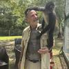 A spider monkey climbs on a man’s shoulder.