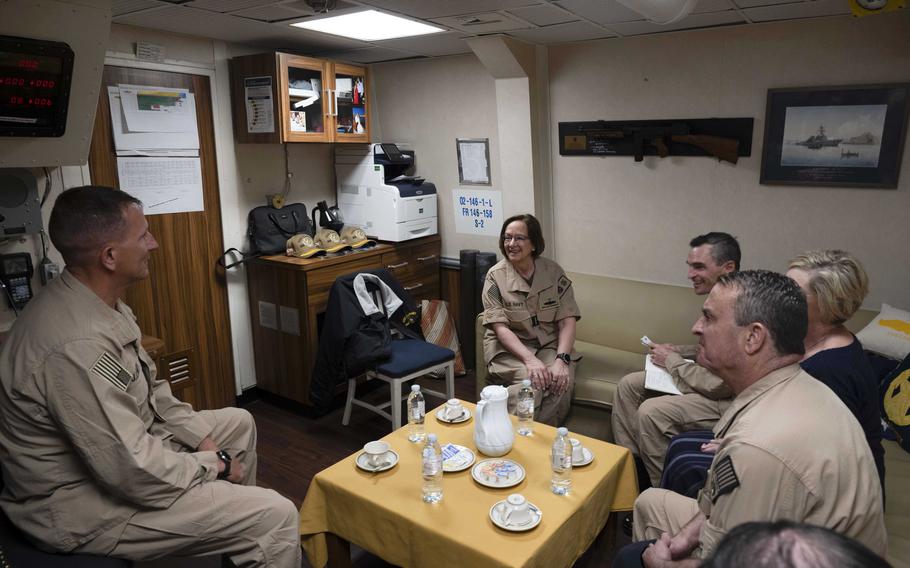 Chief of Naval Operations Adm. Lisa Franchetti welcomes the Arleigh Burke-class destroyer USS Carney (DDG 64) to Norfolk, Va., Friday, May 10, 2024.