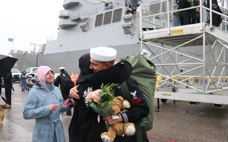 Family and friends greet the crew of the USS Delbert D. Black at Naval Station Mayport, Fla., Sunday, Feb. 18, 2024.