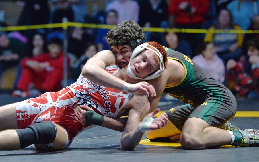 SHAPE’s Luigi Patalano, right, took the 175-pound title against Lakenheath’s Elijah Hutton at the DODEA-Europe wrestling finals in Wiesbaden, Germany, Feb. 10, 2024.