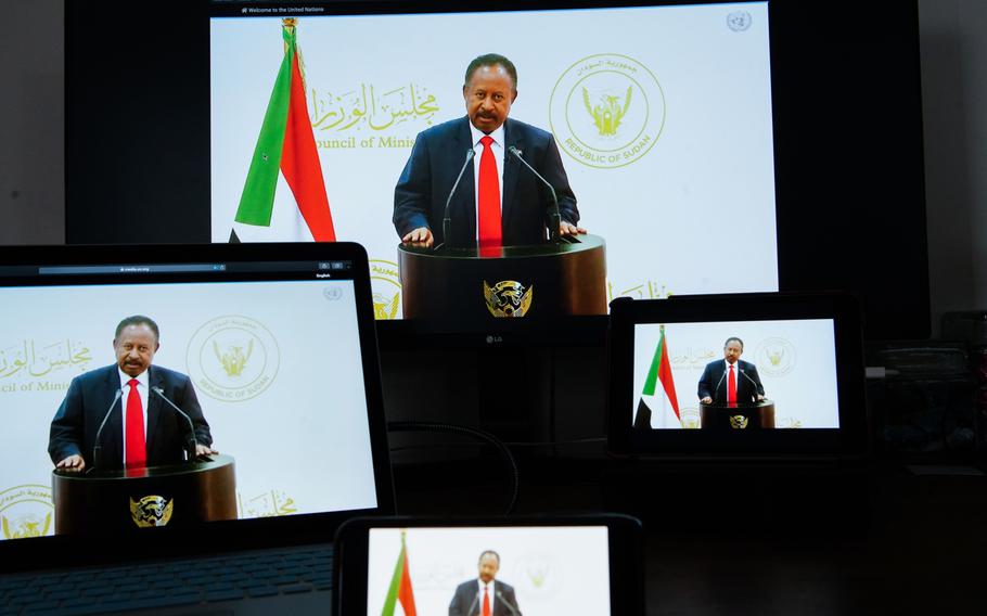 Abdalla Hamdok, then Sudan's prime minister, speaks in a prerecorded video during the United Nations General Assembly via live stream in New York on Sept. 25, 2021. MUST CREDIT: Bloomberg photo by Christopher Goodney.