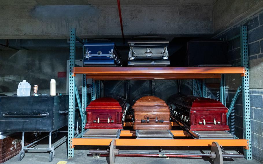 Different size coffins are pictured