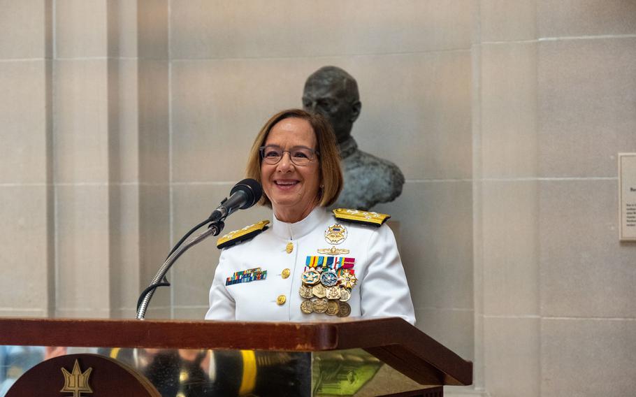 Adm. Lisa Franchetti  delivers remarks Aug. 14, 2023, during a ceremony at the U.S. Naval Academy in Annapolis, Md. Franchetti was installed as the interim chief of naval operations.