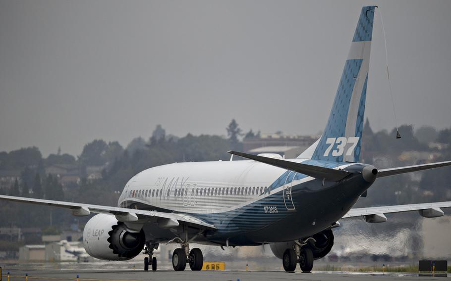 A Boeing 737 Max taxis after landing during a test flight in Seattle on Sept. 30, 2020.