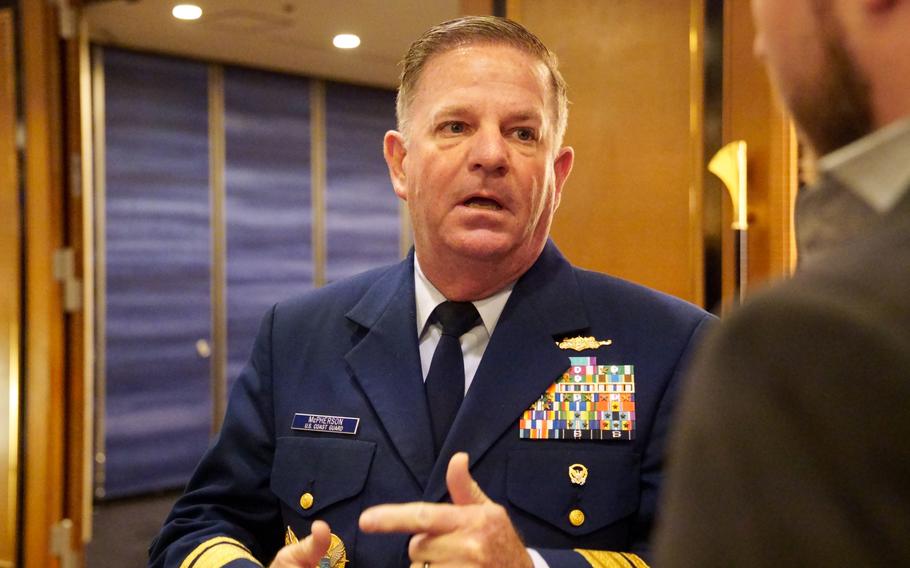 Rear Adm. Brendan McPherson, deputy commander of U.S. Coast Guard-Pacific Area, speaks to reporters during the coast guard summit in Tokyo on Nov. 1 