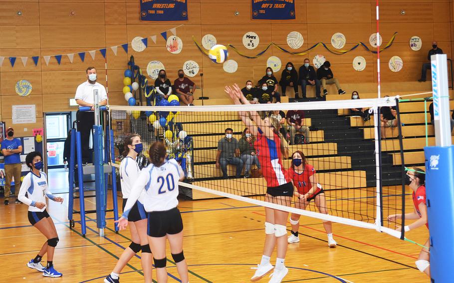 Keeley Bolton from Ramstein attempts to block a ball during the Wiesbaden-Ramstein game played in Wiesbaden on Saturday, Oct. 9, 2021.