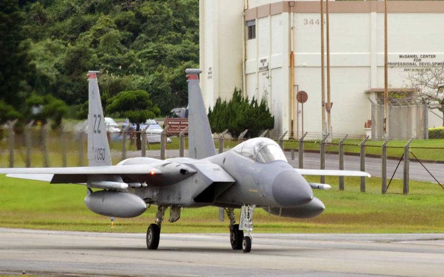 An F-15C Eagle taxies at Kadena Air Base, Okinawa, Tuesday, Nov. 22, 2022.