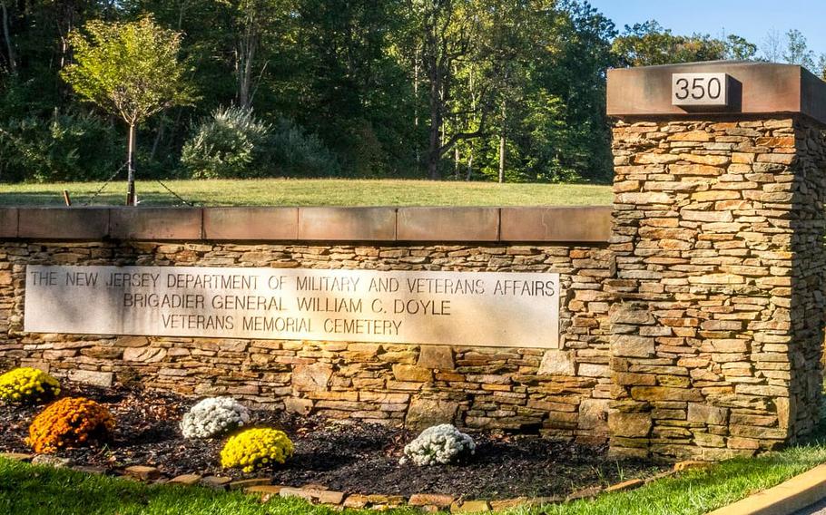 Entrance to Brigaider General William C. Doyle Veterans Memorial Cemetery in Wrightstown, N.J, the burial place of John Lopa. 