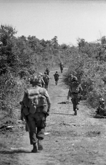 Alpha Company of the 1st Battalion, 9th Marines moves out on a platoon-sized sweep. The platoon was ambushed and suffered several casualties. 