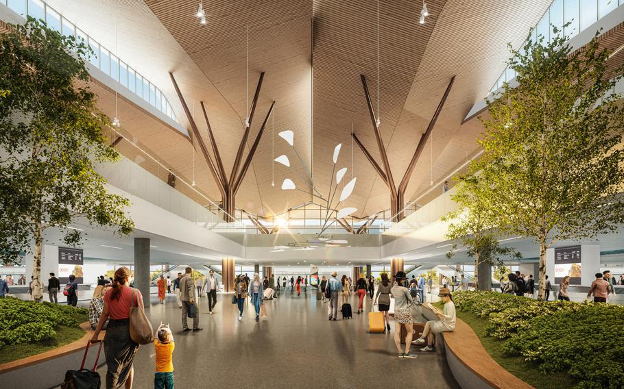 A rendering of a new terminal at Pittsburgh International Airport, where the interiors are meant to reflect the region’s natural environment. The new terminal, which is expected to open in 2025, was designed by Gensler and HDR, in association with Luis Vidal and architects. 
