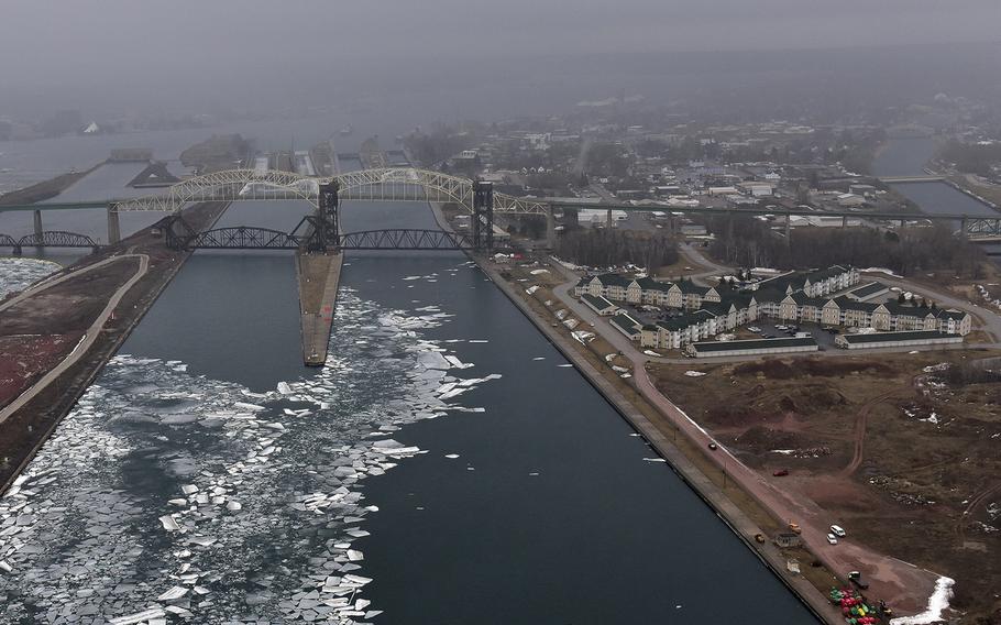 Small amounts of ice accumulate on March 24, 2021, in the approaches to the Soo Locks, operated by the Army Corps of Engineers, in Sault Ste. Marie, Mich.