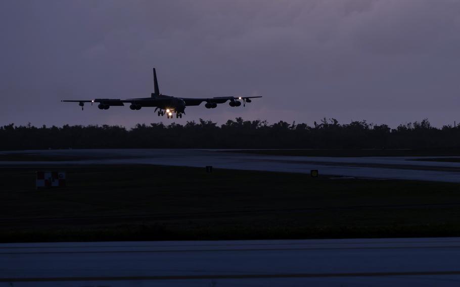 A B-52H Stratofortress lands at Andersen Air Force Base, Guam, Jan. 30, 2024.