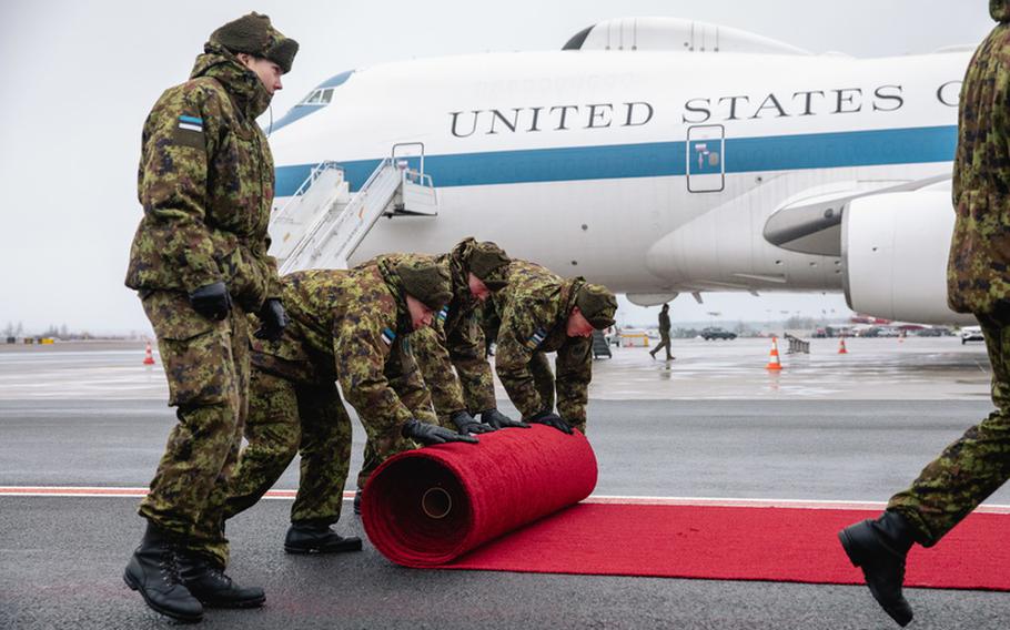 Estonian troops roll out the red carpet for U.S. Defense Secretary Lloyd Austin in Tallinn, Estonia, on Thursday, Feb. 16, 2023. Austin met his counterpart for talks ahead of a NATO heads of state summit in Lithuania this summer.