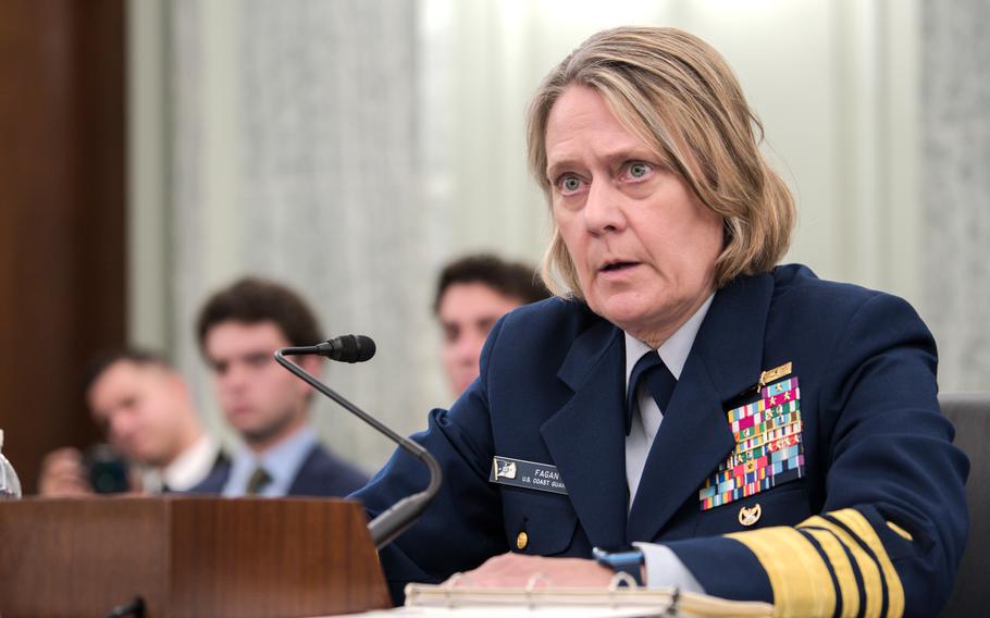 Adm. Linda Fagan, Coast Guard commandant, testifies Thursday, July 13, 2023, before the Senate Commerce, Science, and Transportation Committee on Capitol Hill in Washington, D.C.
