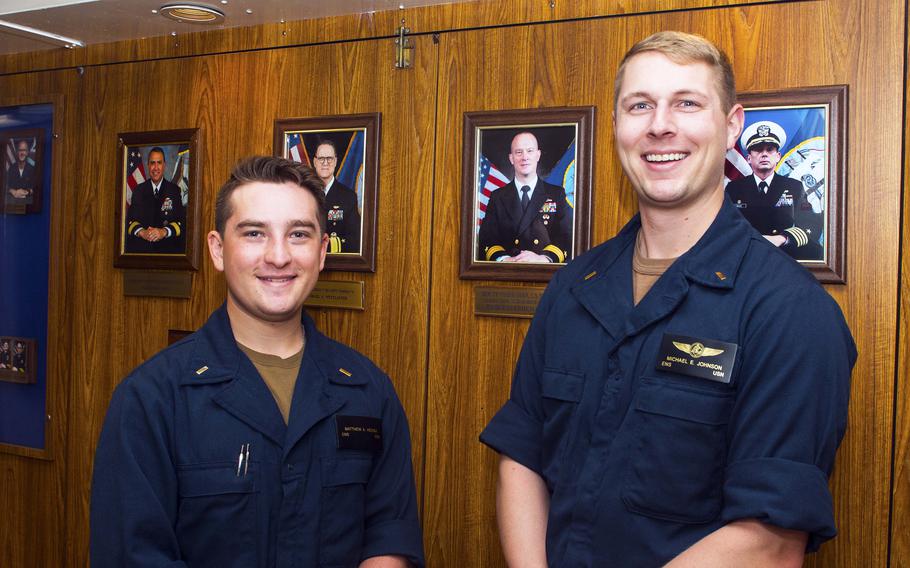 Ensigns Matthew Hedish and Michael Johnson are aboard the USS Mount Whitney in the Mediterranean Sea on July 15, 2023. Earlier this month, while on leave from the ship in Malaga, Spain, they helped a Spanish man in medical distress.