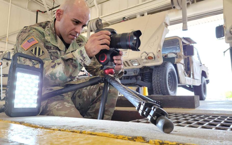 Capt. Peter Sulzona, a public affairs officer assigned to the 7th Mobile Public Affairs Detachment at Fort Hood, Texas, captures video. Soldiers working in public affairs are issued cameras when a smartphone could sometimes be more appropriate to help communicate on social media, said Col. Myles Caggins, director of public affairs for III Corps and Fort Hood.