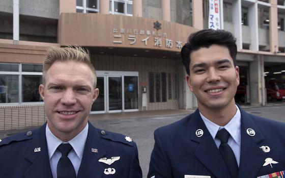 Air Force Lt. Col. Matthew Schlittler, 38, and Senior Airman Shane Pentkowski, 27, of the 31st Rescue Squadron at Kadena Air Base, Okinawa, were recognized by a local fire chief Thursday, Dec. 1, 2022, for saving a fisherman who had fallen into the sea at Cape Zanpa.
