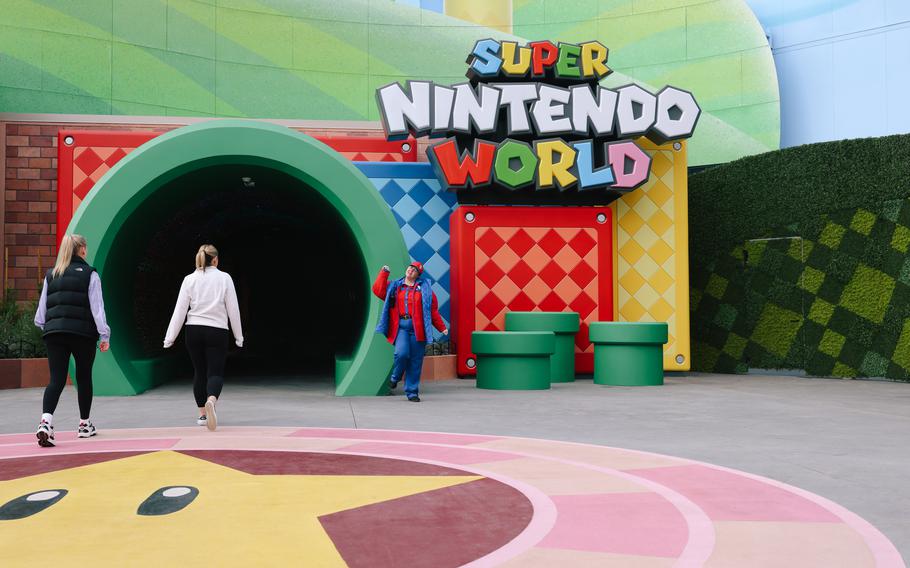 People enter Super Nintendo World at Universal Studios Hollywood in Los Angeles during technical rehearsals on Jan. 12.