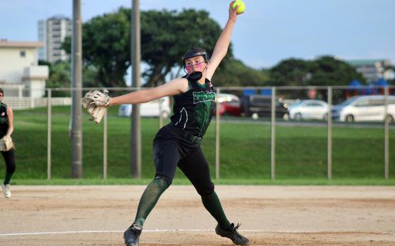 Kubasaki left-hander Breslyn Weeks delivers against Kadena during Wednesday's Division I softball final. The Panthers repeated their title, beating the Dragons 10-5.