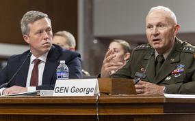 Secretary of the Army Daniel P. Driscoll, left, and US Army Chief of Staff GEN Randy A. George testify on Thursday, June 5, 2025 in Washington during a Senate Committee on Armed Services hearing to examine the posture of the Department of the Army  in review of the Defense Authorization Request for Fiscal Year 2026 and the Future Years Defense Program. (Eric Kayne/Stars and Stripes)