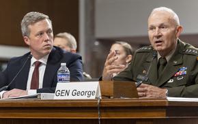 Secretary of the Army Daniel P. Driscoll, left, and US Army Chief of Staff GEN Randy A. George testify on Thursday, June 5, 2025 in Washington during a Senate Committee on Armed Services hearing to examine the posture of the Department of the Army  in review of the Defense Authorization Request for Fiscal Year 2026 and the Future Years Defense Program. (Eric Kayne/Stars and Stripes)