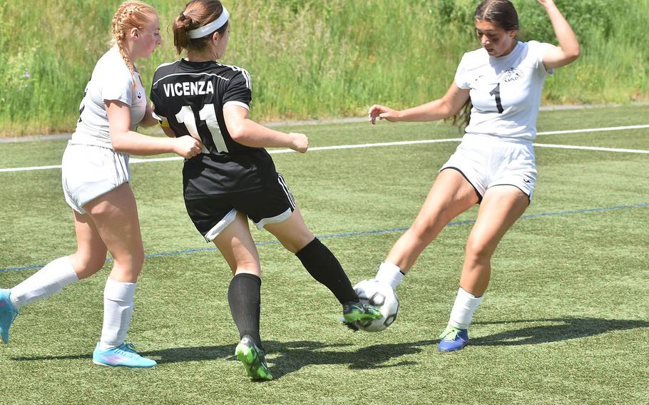 Naples' Gabriella Bernard tries to take the ball away from Vicenza's Sara Fitch on Tuesday, May 17, 2022, at the DODEA-Europe girls Division II soccer championships at Landstuhl, Germany.