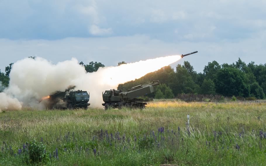 High Mobility Artillery Rocket System (HIMARS) vehicles executing a fire mission in Poland, June 16, 2017.  The United States began in June to supply Ukraine with HIMARS, which can launch multiple rockets with precision at Russian military targets from nearly 50 miles away. Russian cargo planes have quietly picked up the first of scores of Iranian-made combat drones for use against Ukraine.