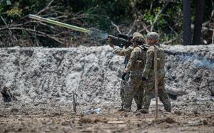 U.S. Army Pfc. Jackson Muse, 11th Airborne Division, fires an FIM-92 Stinger for the first time on Aug. 26, 2025, during the Super Garuda Shield exercise in Baturaja, Indonesia.