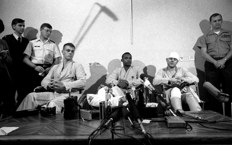 Beirut bombing victims, from left, Lance Cpls. Burham Matthews, Lovelle Moore and Mike Balcom talk to reporters at the Landstuhl Army hospital in Germany in October 1983.