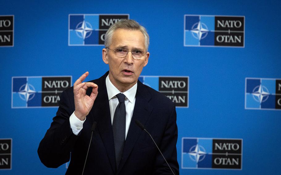 NATO Secretary-General Jens Stoltenberg speaks to the media in Brussels on Feb. 14, 2024, ahead of a meeting of allied defense ministers. Stoltenberg said he expects 18 of the alliance's members to spend 2% of their gross domestic product on defense this year.