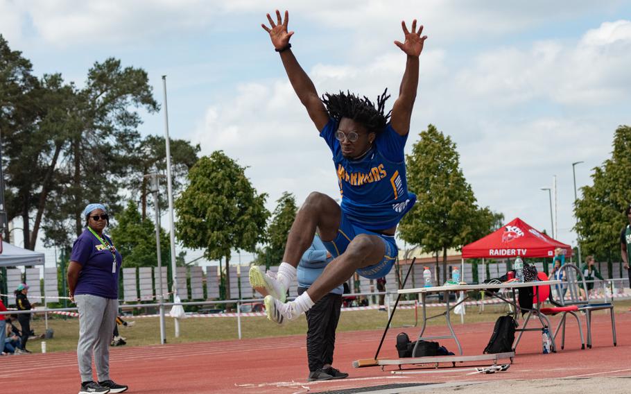 Zion Thompson of Wiesbaden High School placed second in the boys long jump at the 2025 DODEA European Track and Field Championships on May 22, 2025, with a jump of 20 feet 6 inches.