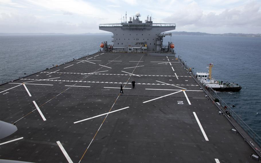 The USS Miguel Keith's flight deck has space for four helicopters at a time and separates the forward and aft deckhouses. 