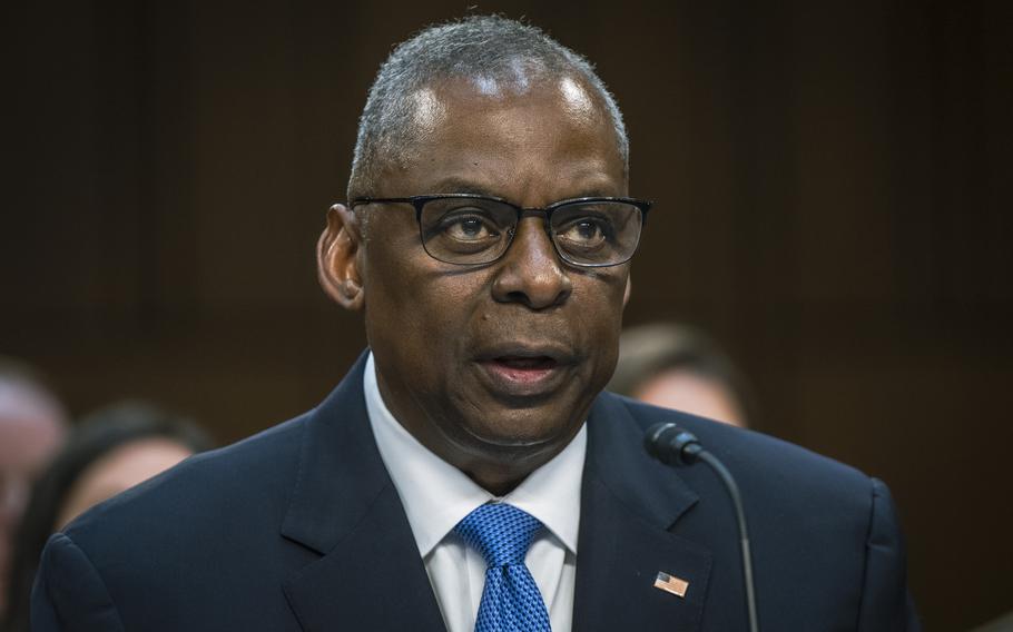 Defense Secretary Lloyd Austin testifies April 9, 2024, before the Senate Armed Services Committee about the Defense Department budget. 