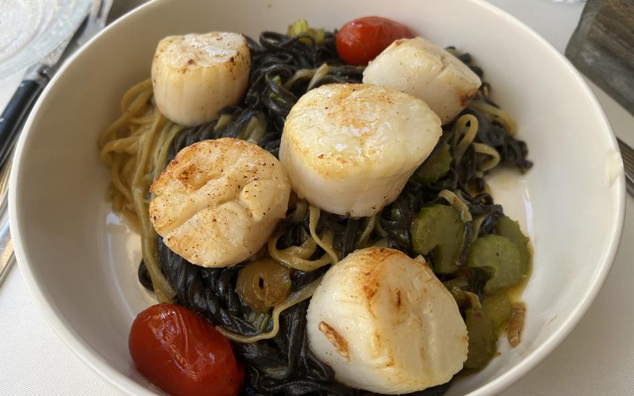 The mix of pasta with squid ink and scallops at Vicino in Kaiserslautern, Germany. The pasta is freshly made and the varieties change often.