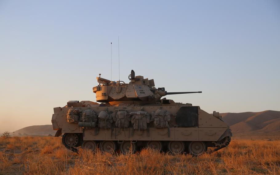 An M2A2 Bradley Infantry Fighting Vehicle assigned to 278th Armored Cavalry Regiment, Tennessee Army National Guard, observes the terrain for enemy elements during Decisive Action Rotation 18-07 at the National Training Center, Fort Irwin, Calif., May 10, 2018.