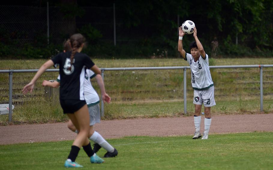 AFNORTH defender Ben Maranon throws in the ball during a Division III semifinal match against Alconbury at the 2025 DODEA European championships on May 21, 2025, at Rothenborn Stadion in Landstuhl, Germany.