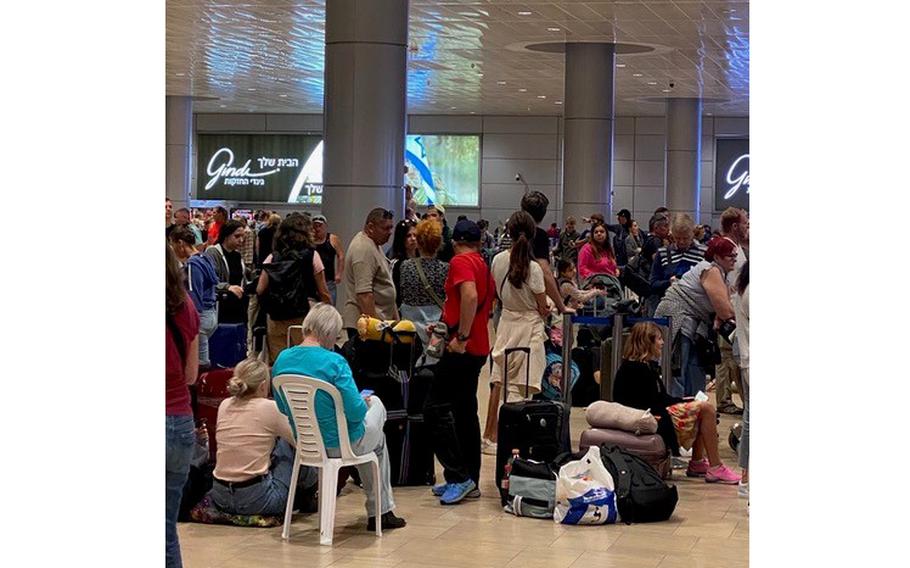 Ben Gurion International Airport outside of Tel Aviv is crowded with people anxiously waiting for flights departing Israel. 