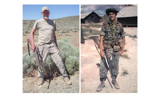 At left, Charles B. “Chuck” Mawhinney as seen in Barstow, Calif., in August 2013, holding a replica of the M40 sniper rifle he used during the Vietnam War. Mawhinney, seen while servining in Vietnam, recorded 103 confirmed kills and 216 probable kills with M40 sniper rifle and Redfield 3x9x40 scope while serving in the Vietnam War.
