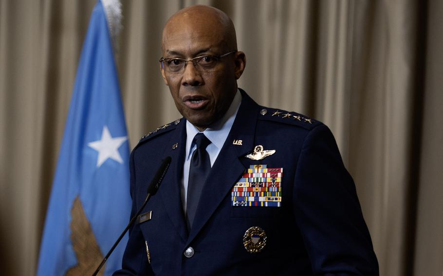 U.S. Air Force Gen. Charles G. Brown Jr. provides closing remarks during his first Ukraine Defense Contact Group meeting as chairman of the joint chiefs of staff at Ramstein Air Base, Germany, Tuesday, March 19, 2024.