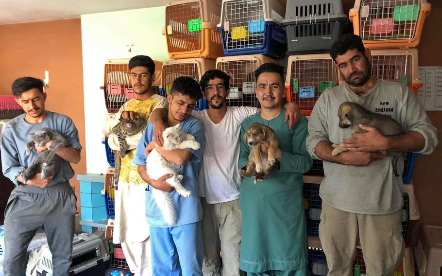 Afghans pose with rescued animals at the Kabul Small Animal Rescue clinic.