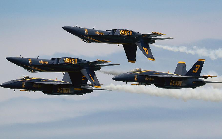 The U.S. Navy Blue Angels, shown here in the four-jet diamond formation over Fort Lauderdale beach in 2021, will headline the 2023 Fort Lauderdale Air Show.