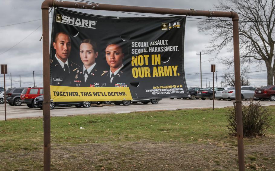 A banner promotes the Army’s Sexual Harassment/Assault Response and Prevention, or SHARP, program outside the SHARP 360 building at Fort Hood, Texas, on March 1, 2021. 