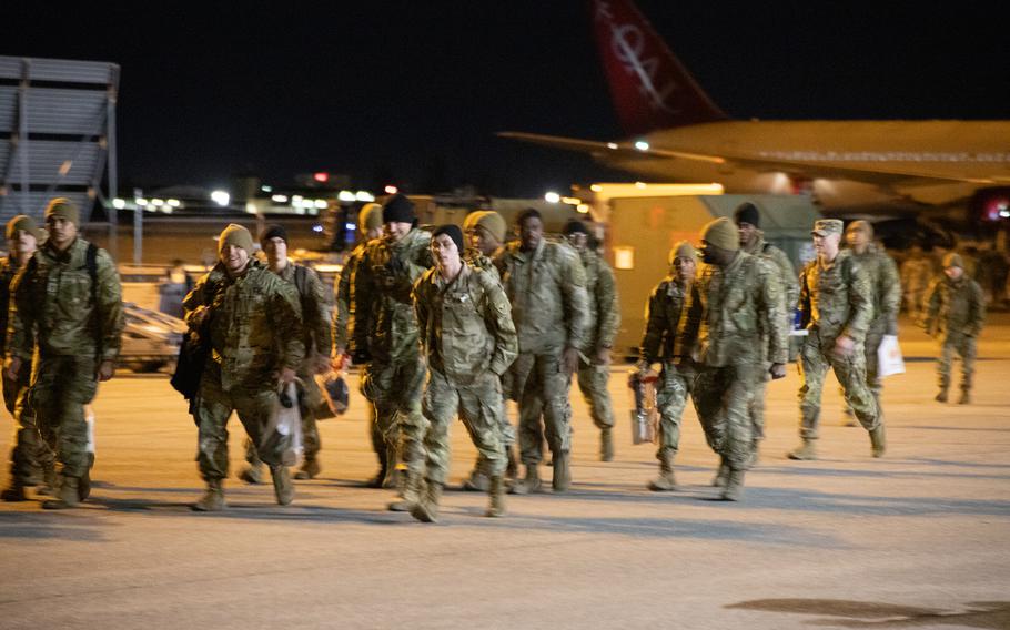 Soldiers from the 98th Support Maintenance Company (SMC), 17th Combat Sustainment Support Battalion (CSSB), 11th Airborne Division, return to Joint Base Elmendorf-Richardson, Alaska, after a nine-month deployment to Europe, Thursday, March 28, 2024. 