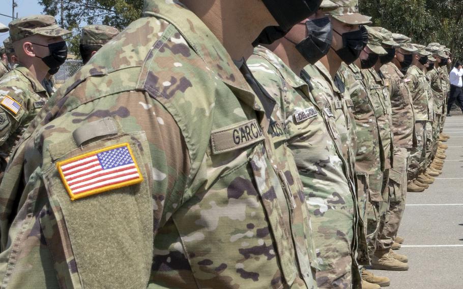 U.S. Army Reserve soldiers stand in formation during a farewell ceremony in California in July 2021. The Army still hasn't paid several reservists who deployed to Europe in recent years their housing allowances, despite a finding last year that the service broke federal law in denying the funds.